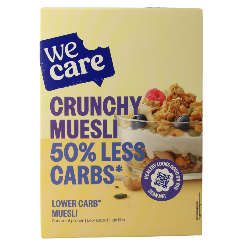 WeCare lower kcal and carb crunchy muesli in a 325g package, showing the cereal with grains and dried fruit in a bowl.