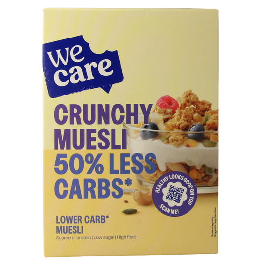 WeCare lower kcal and carb crunchy muesli in a 325g package, showing the cereal with grains and dried fruit in a bowl.