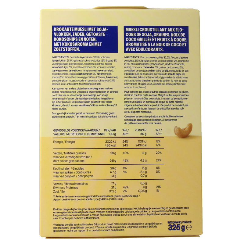 Crunchy WeCare Lower kcal and carb muesli in a 325g package, perfect for a healthy breakfast with oats and grains.