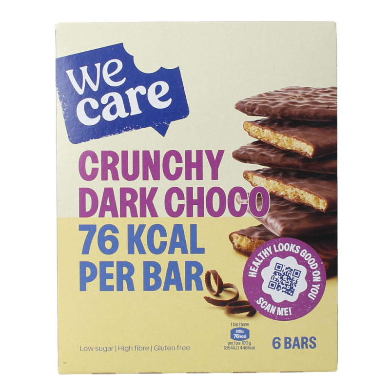 WeCare crunchy dark chocolate low-calorie snack bar, 102g, with reduced carbs and kcal, perfect for healthy snacking.