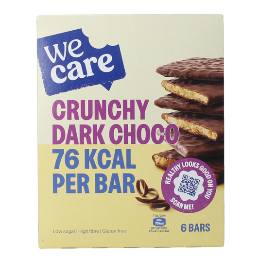 WeCare crunchy dark chocolate low-calorie snack bar, 102g, with reduced carbs and kcal, perfect for healthy snacking.