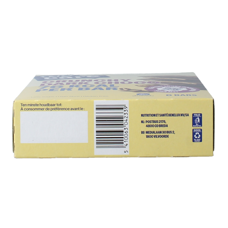 Crunchy dark chocolate WeCare lower calorie and carb snack bar, 102 grams, ideal for healthy snacking and energy boost.