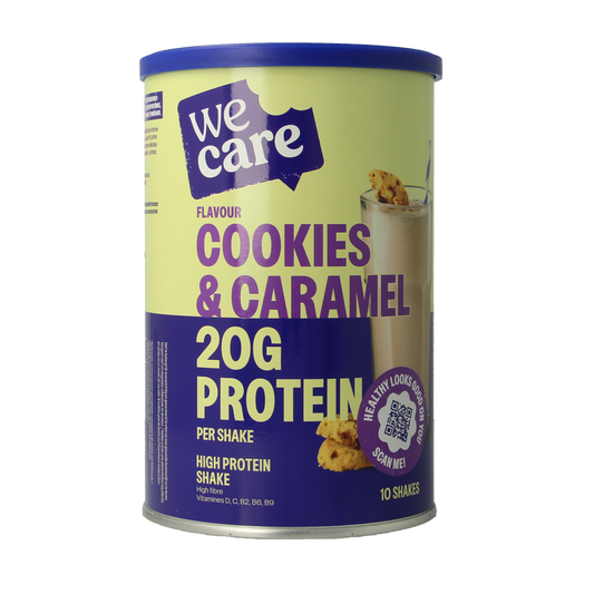 WeCare high protein cookies and caramel shake snack in a 340g package, ideal for quick protein-rich treats and snacks.