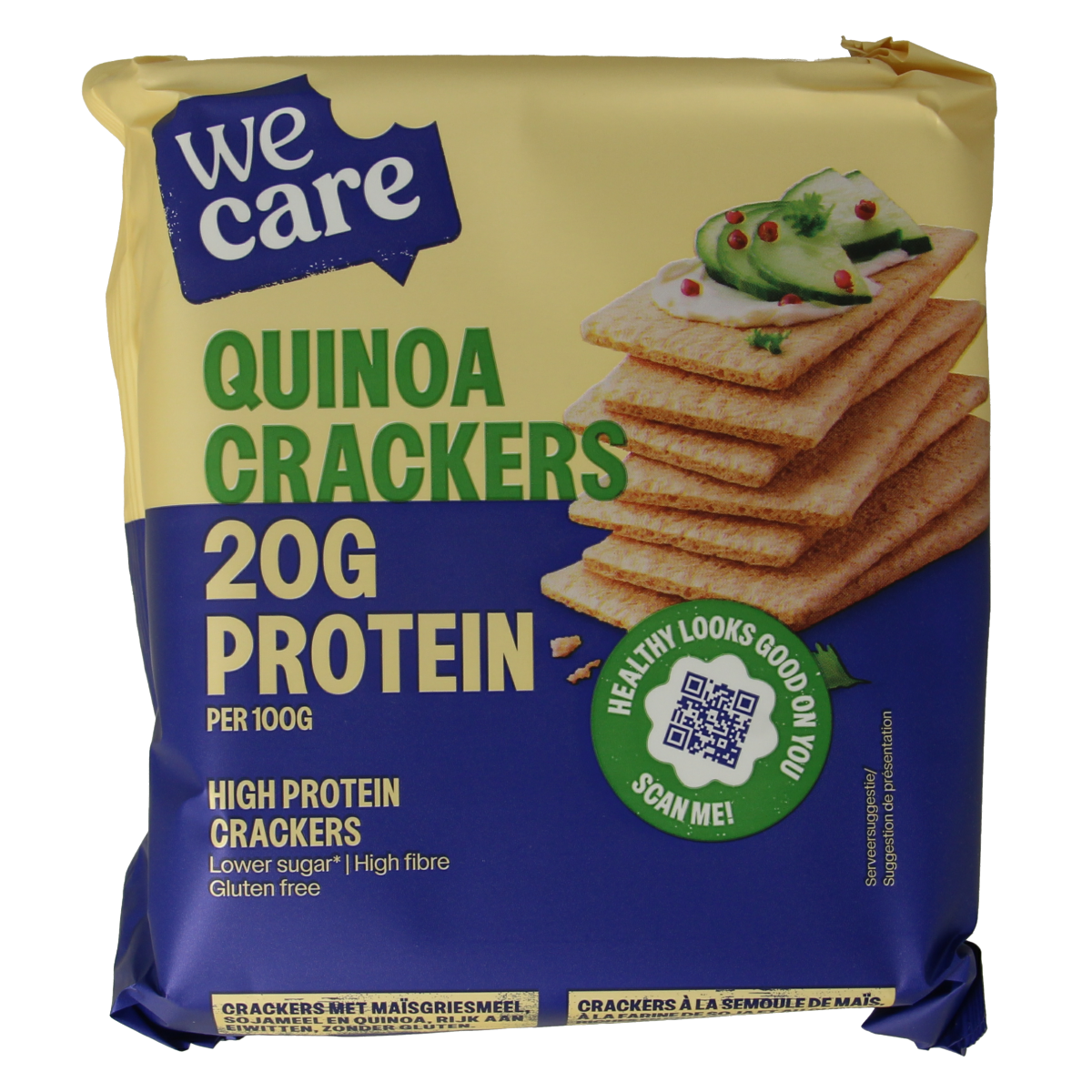 WeCare high-protein quinoa crackers in a 100g package, featuring golden-brown, crispy broden and crackers with quinoa grains visible.