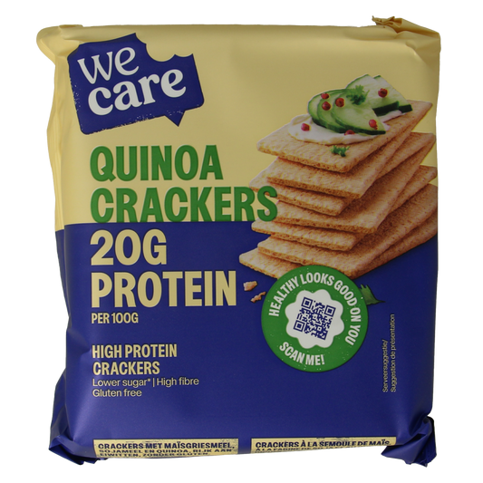 WeCare high-protein quinoa crackers in a 100g package, featuring golden-brown, crispy broden and crackers with quinoa grains visible.