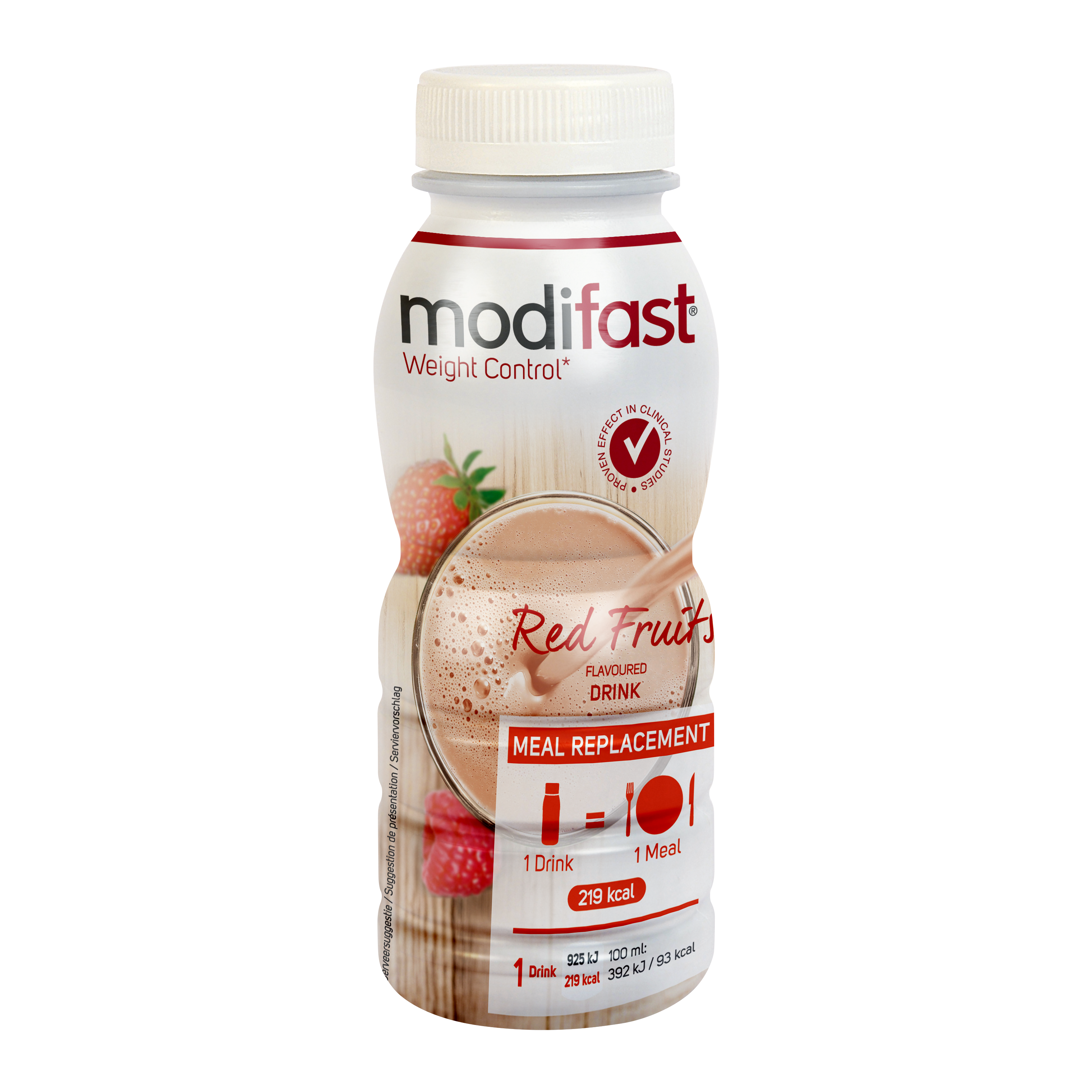 Modifast Intensive red fruit meal replacement drink in a 236ml bottle with red fruit flavor.