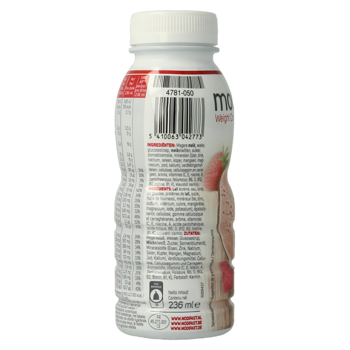 Modifast Intensive red fruit meal replacement drink in 236ml bottle with vibrant red fruit flavor.