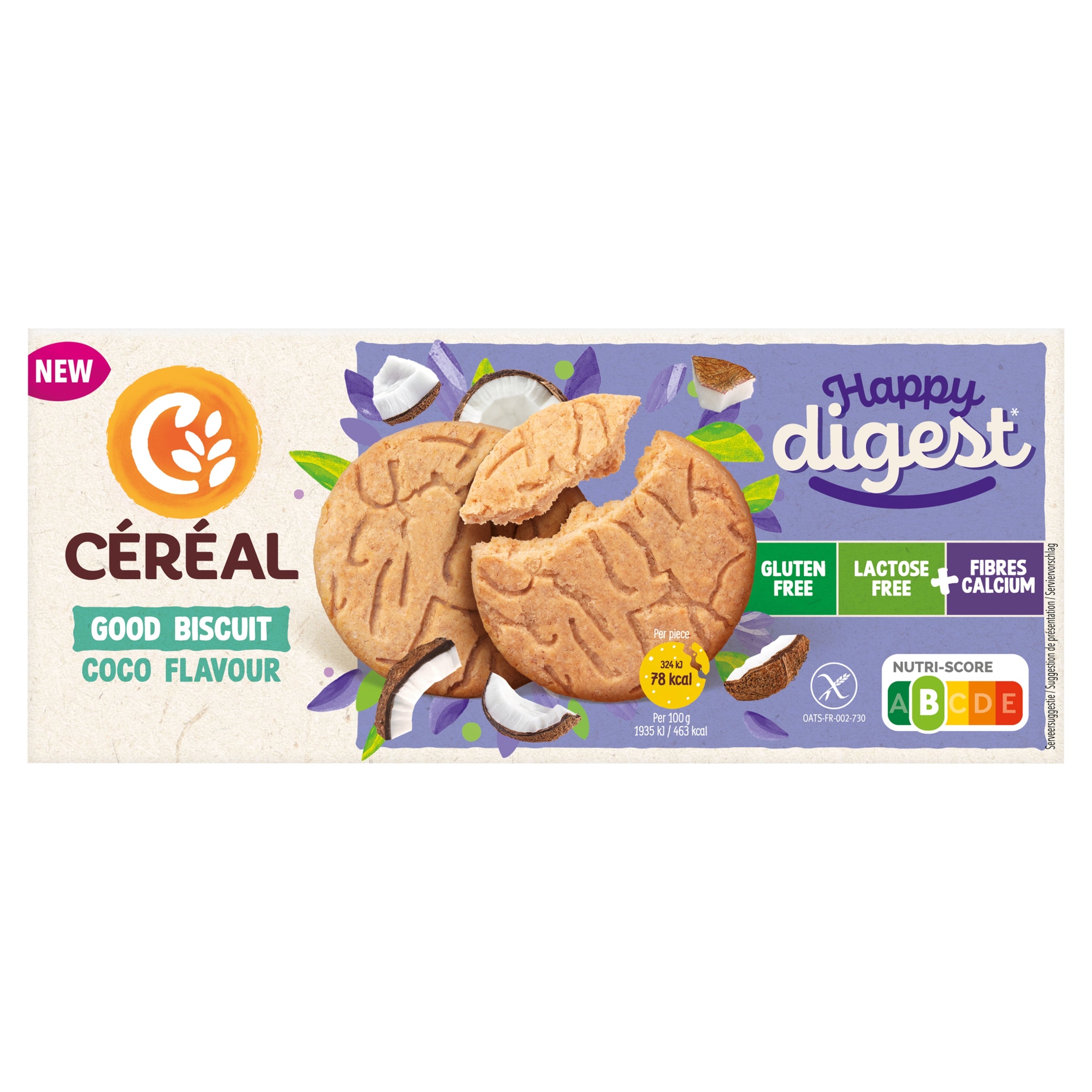 Cereal Good biscuit coco gluten- en lactosevrij, 150g, featuring coconut-flavored gluten-free and lactose-free cookies in a clear package.