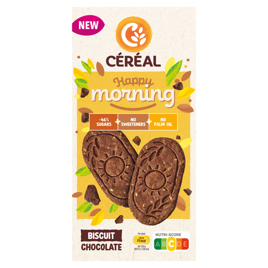 Cereal Happy Morning chocolate breakfast grains by Cereal in a 200g pack, showing crunchy chocolate-flavored cereal pieces.