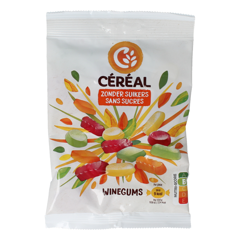 Cereal sugar-free winegums in 100 grams, colorful chewy candy from Cereal brand, shown in the image.