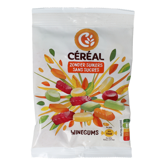 Cereal sugar-free winegums in 100 grams, colorful chewy candy from Cereal brand, shown in the image.