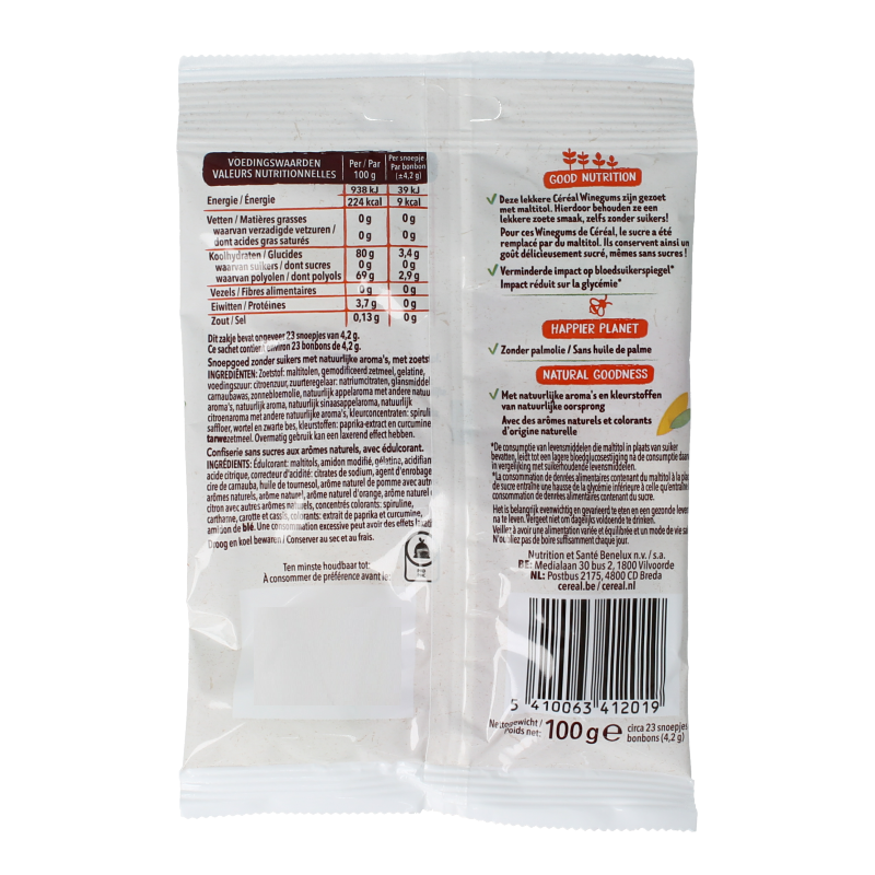 Cereal sugar-free winegums in a 100g package, colorful chewy candy from Cereal brand, shown in the image.
