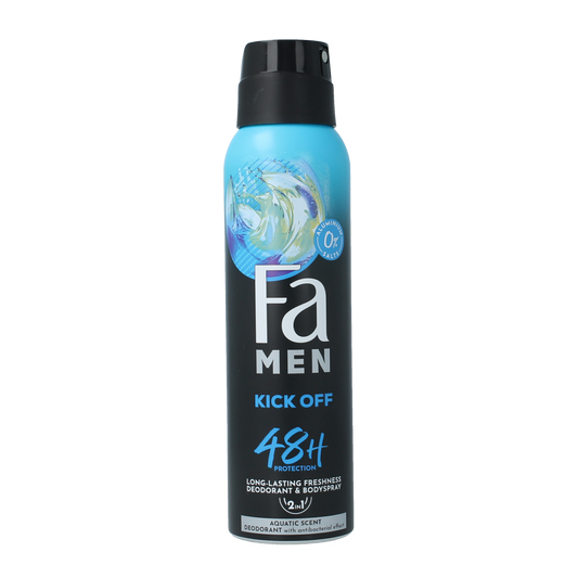 FA Men Kick Off deodorant spray 150ml, featuring a sleek container with a spray nozzle and fresh scent label.