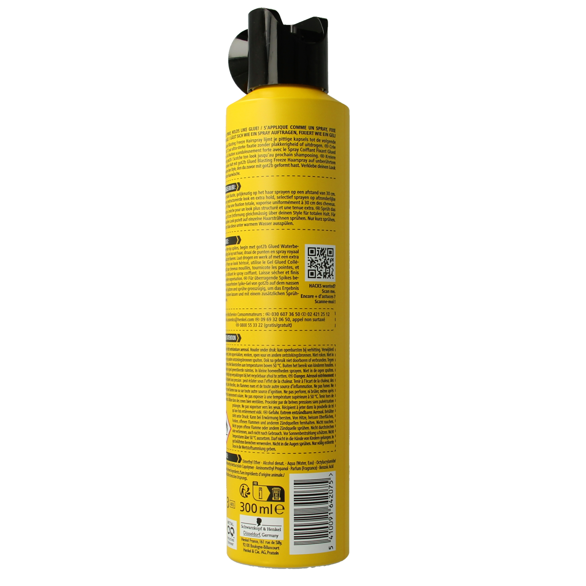 Got2b Glued Blasting Freeze hairspray bottle, 300ml, for strong hold and hair styling, shown in the image.