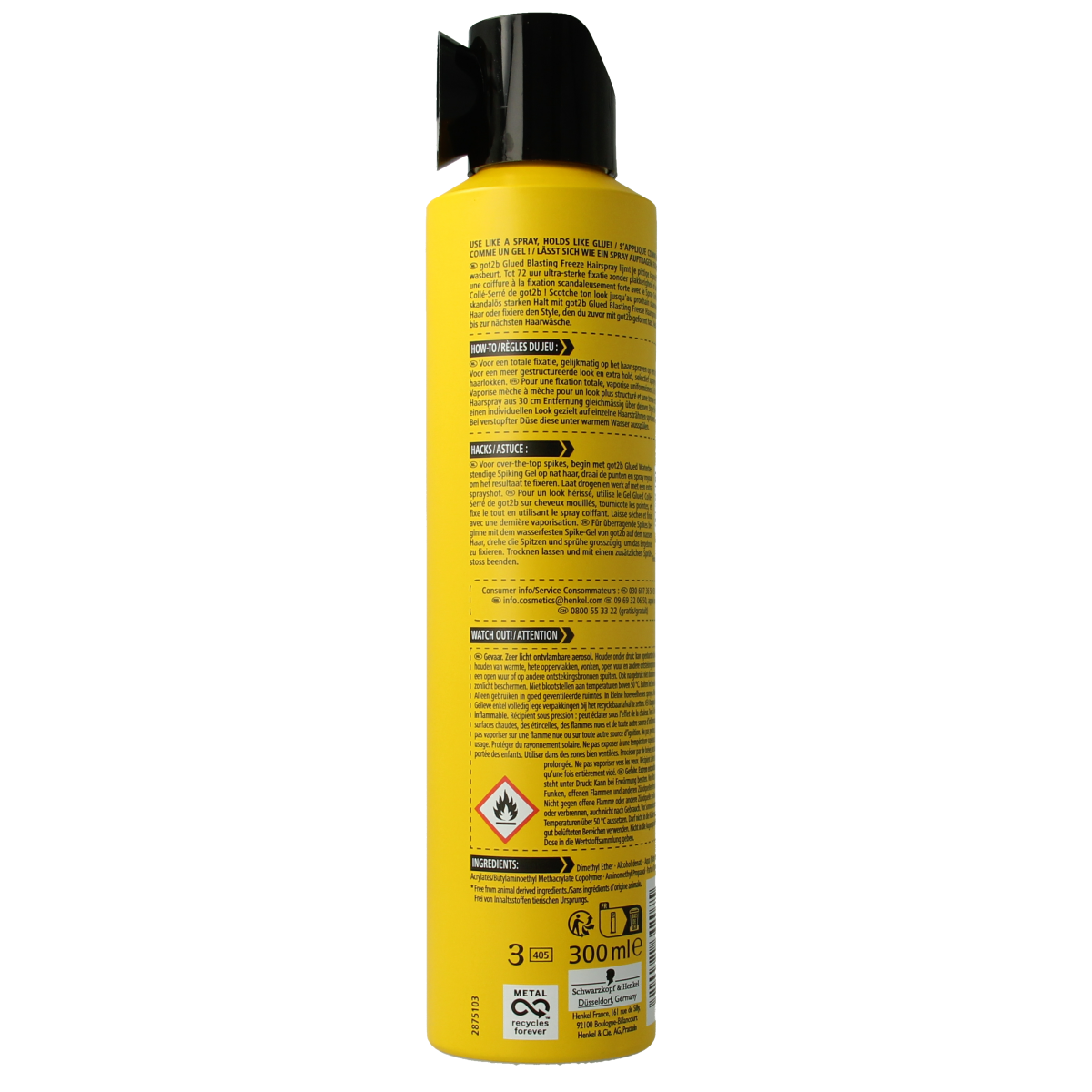 Got2b Glued Blasting Freeze hairspray bottle, 300ml, for strong hold and styling control in hair styling products