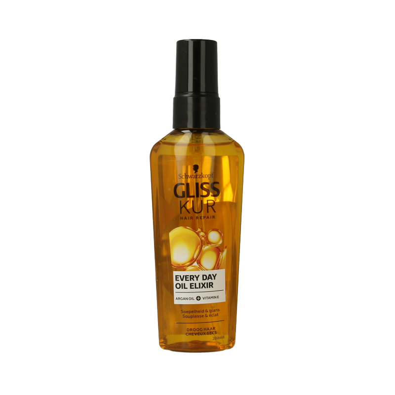 Gliss Kur Oil Elixir Ultimate Repair hair treatment bottle, 75ml, for damaged hair, featuring a sleek silver and purple design.