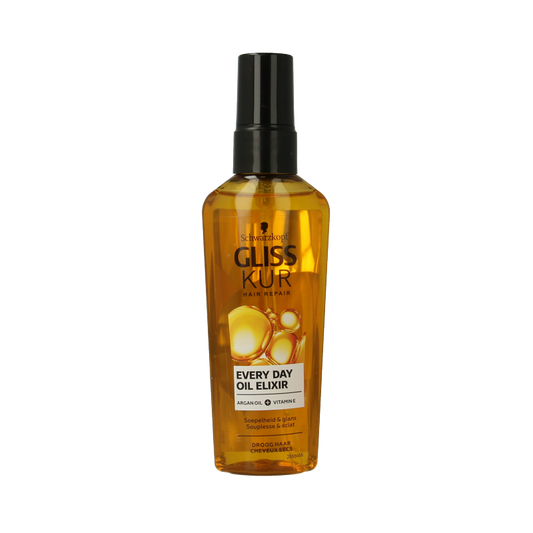 Gliss Kur Oil Elixir Ultimate Repair hair treatment bottle, 75ml, for damaged hair, featuring a sleek silver and purple design.