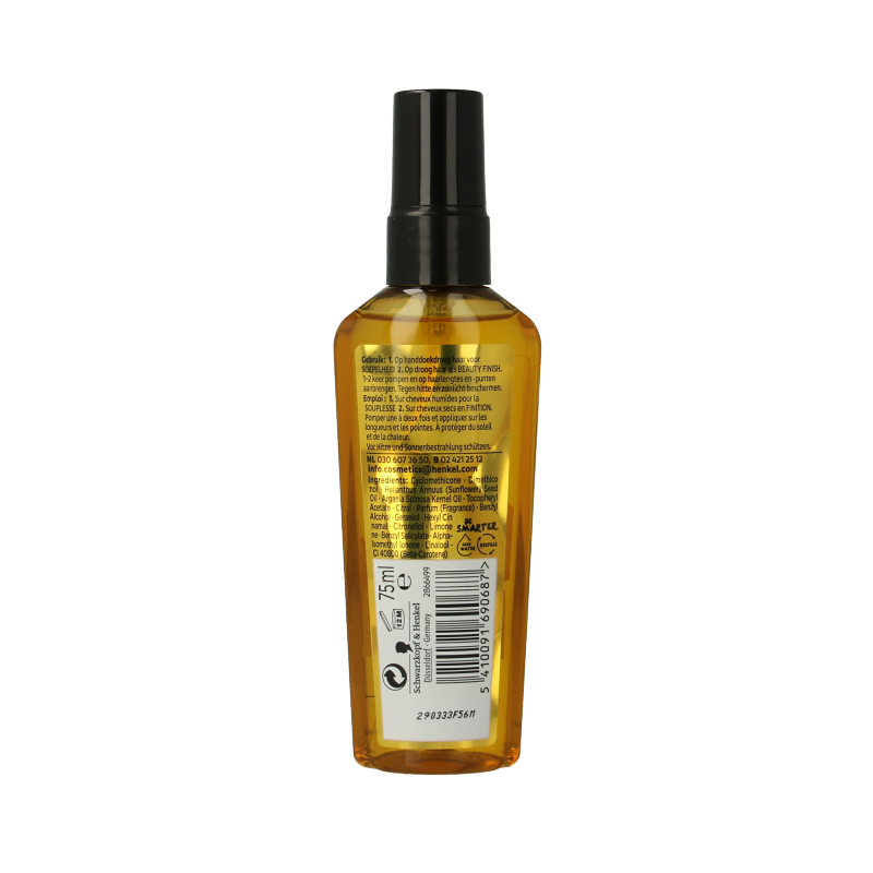 Bottle of Gliss Kur Oil Elixir Ultimate Repair hair treatment in a 75ml bottle with a sleek design.