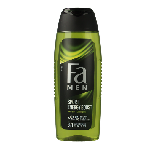 FA Men Sport Energy Boost shower gel in a 250ml bottle, designed for energizing and refreshing men's hygiene.