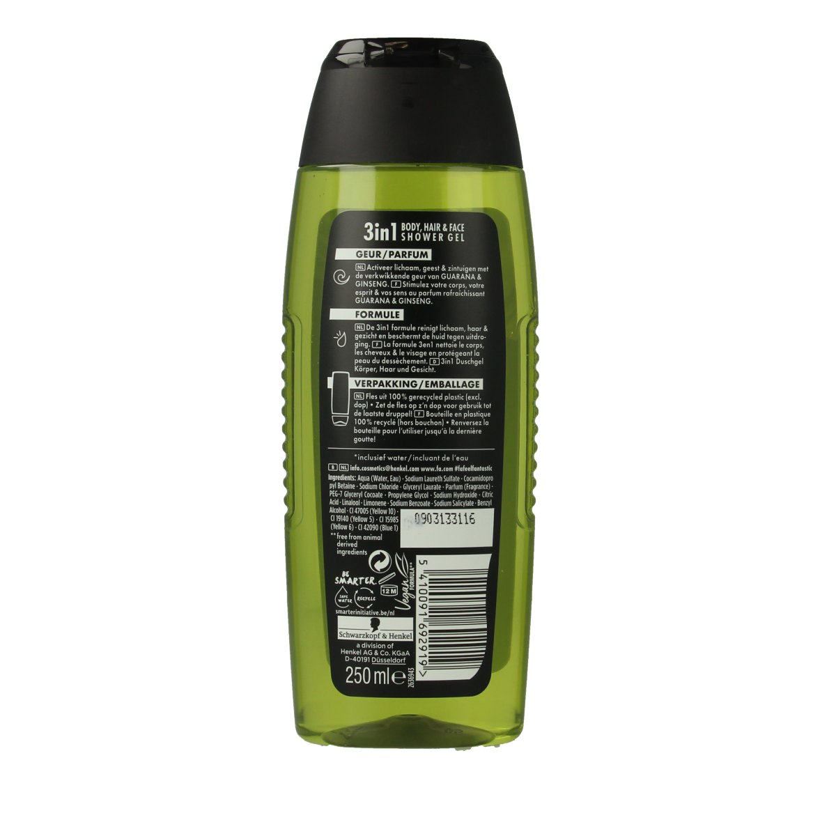 FA Men Sport Energy Boost douchegel in 250ml bottle, featuring a sleek design and energizing formula for daily freshness.