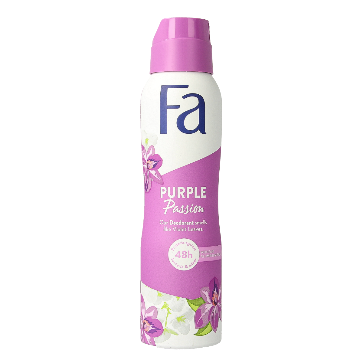 FA Deodorant Spray Purple Passion in 150ml bottle, featuring a purple-themed design and spray nozzle.