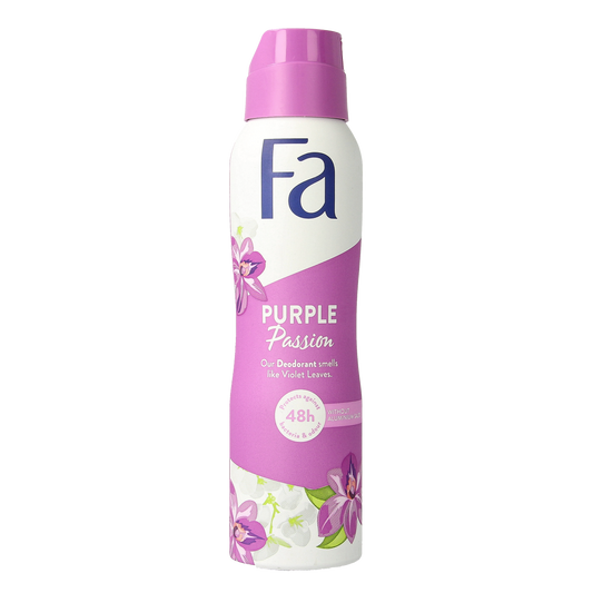 FA Deodorant Spray Purple Passion in 150ml bottle, featuring a purple-themed design and spray nozzle.