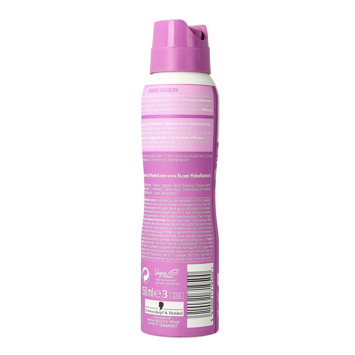 FA Purple Passion deodorant spray in 150ml bottle, featuring a sleek purple design and spray nozzle for fresh scent.
