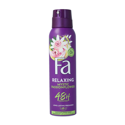 FA Deodorant Spray Mystic Moments 150ml bottle with spray nozzle, fresh and aromatic scent for everyday use.
