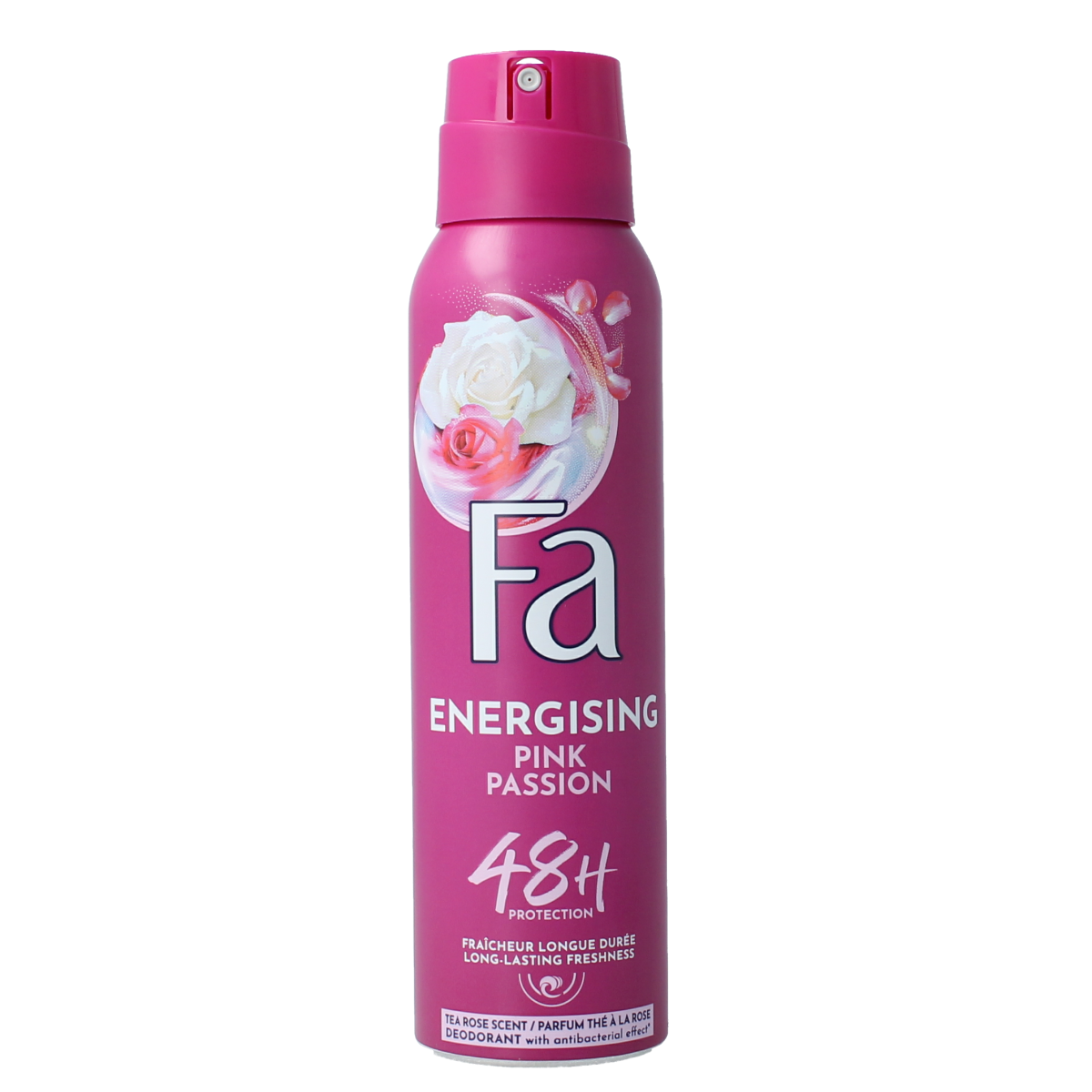 FA Pink Passion deodorant spray in 150ml bottle with pink-colored packaging and spray nozzle.