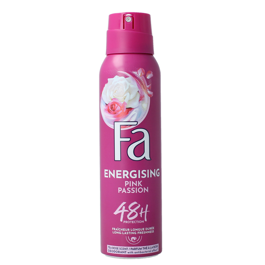 FA Pink Passion deodorant spray in 150ml bottle with pink-colored packaging and spray nozzle.