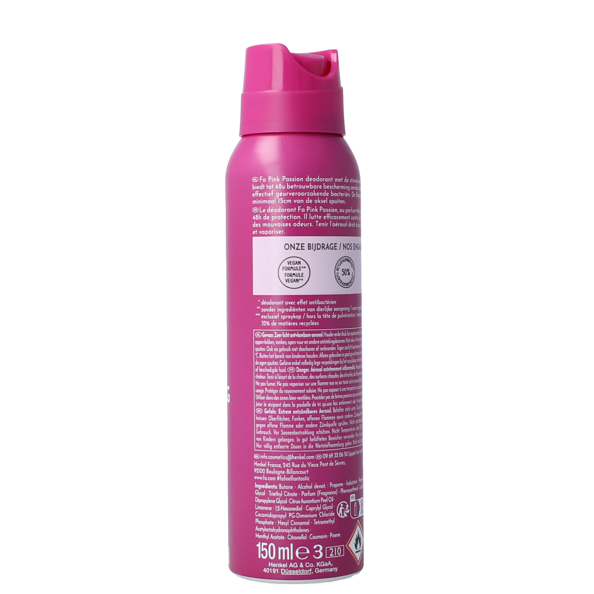 FA Pink Passion deodorant spray bottle, 150ml, with pink and white packaging, displayed upright.