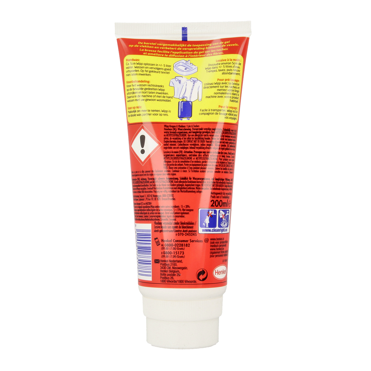 Wipp Vlekverwijderaar tube 200ml for stain removal, in a white tube with blue and red accents, on a white background.