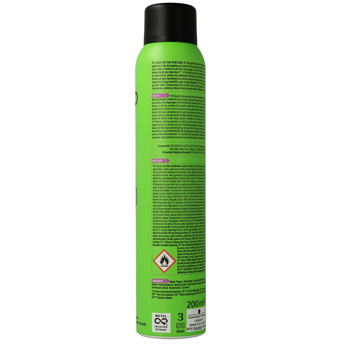Got2b Droogshampoo extra fresh 200ml bottle, a hair care product with a sleek design and label visible.