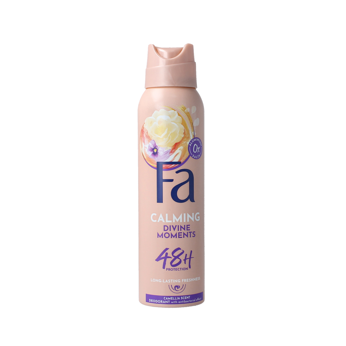 FA Deodorant spray Divine Moments 150ml bottle, fresh floral scent with a sleek design and spray nozzle.