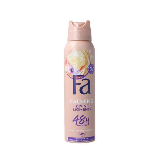 FA Deodorant spray Divine Moments 150ml bottle, fresh floral scent with a sleek design and spray nozzle.
