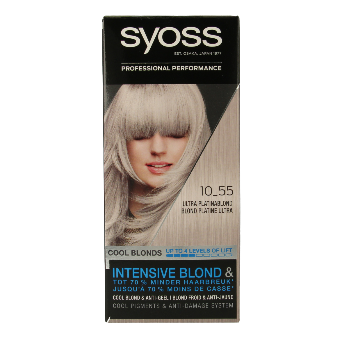 Syoss Color Cool Blonds ultra platinum blond hair coloring set with box and product details visible.
