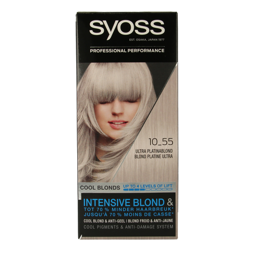 Syoss Color Cool Blonds ultra platinum blond hair coloring set with box and product details visible.