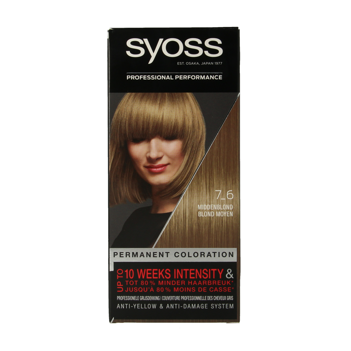 Syoss Color baseline 7-6 middenblond hair dye kit with applicator, showing blonde hair color and packaging.