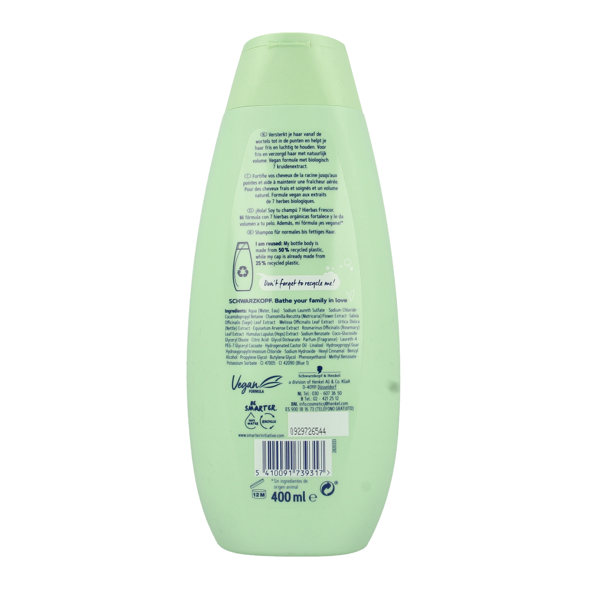 Schwarzkopf 7 kruiden shampoo in a 400ml bottle, natural hair care product with herbal ingredients, for healthy hair.