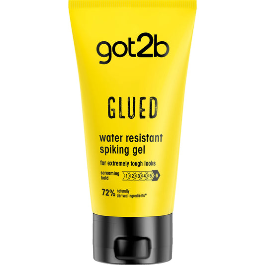 Got2b Glued water-resistant spiking gel in 150ml jar, ideal for strong hold and versatile hair styling.