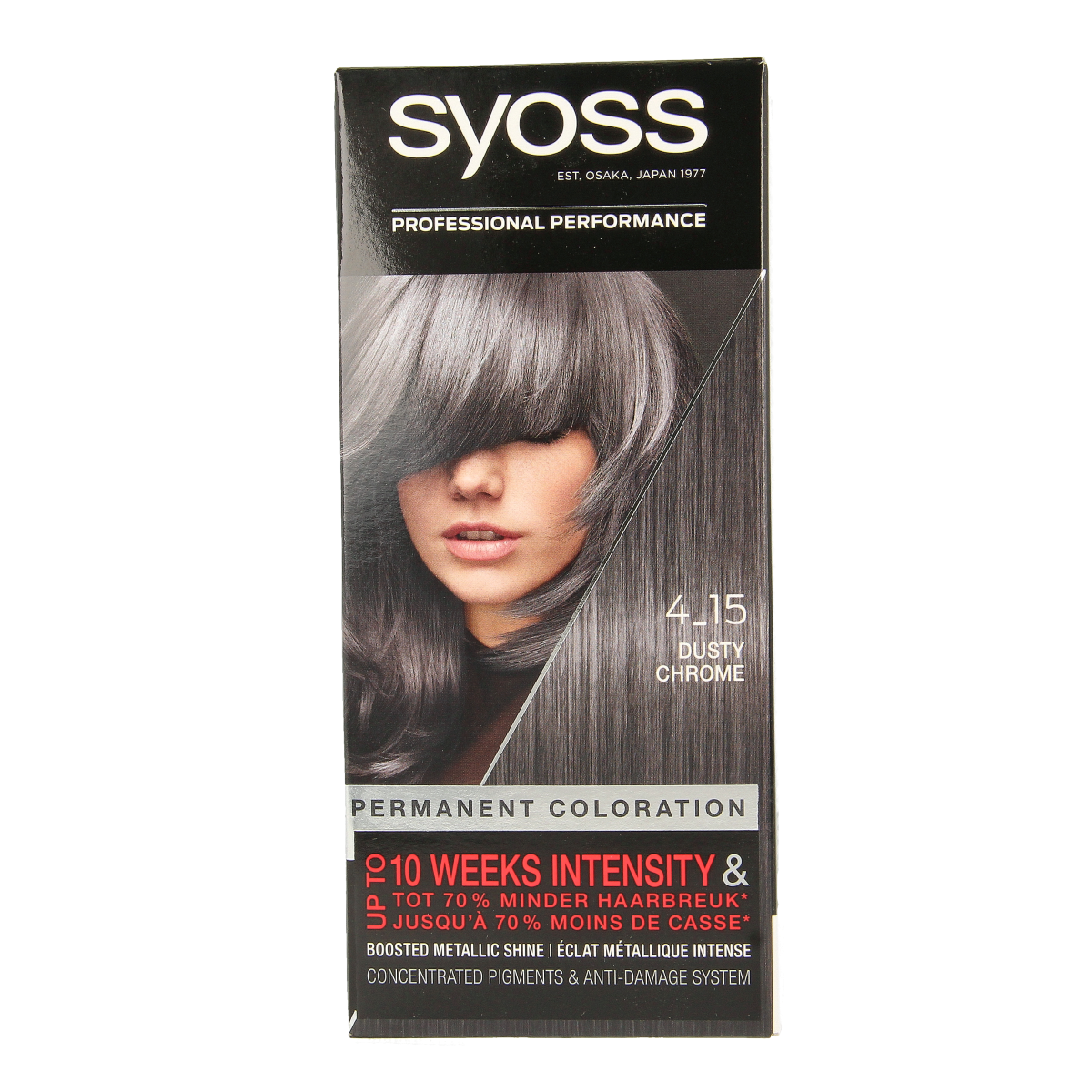 Syoss Color baseline 4-15 Dusty Chrome hair dye kit showing the packaging and hair color product for coloring hair.