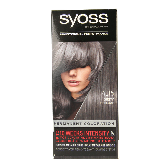 Syoss Color baseline 4-15 Dusty Chrome hair dye kit showing the packaging and hair color product for coloring hair.
