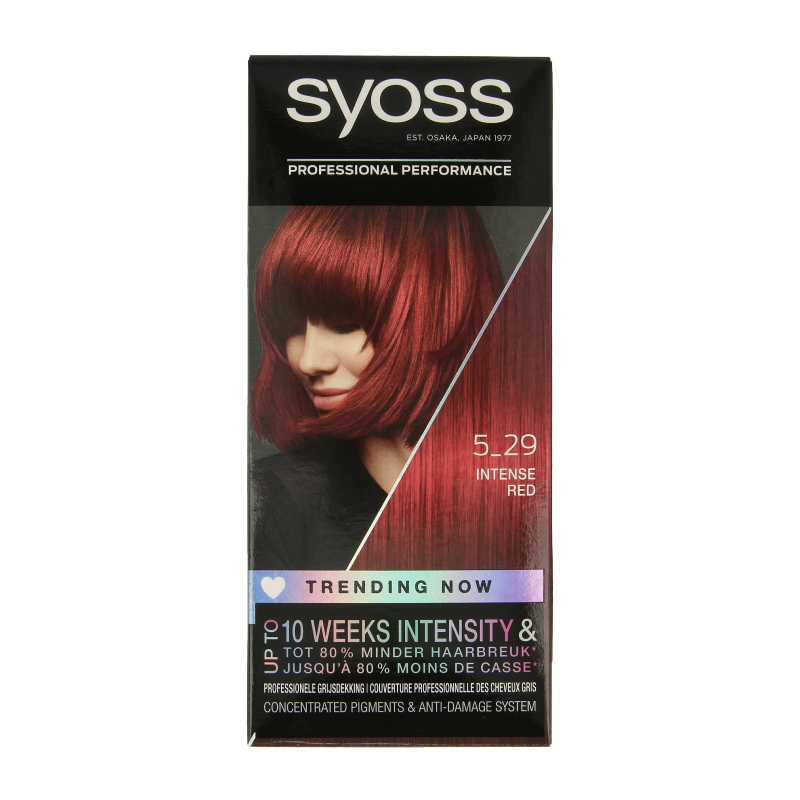 Syoss Color Baseline 5-29 intens red hair dye set with a box of hair coloring products and tools.