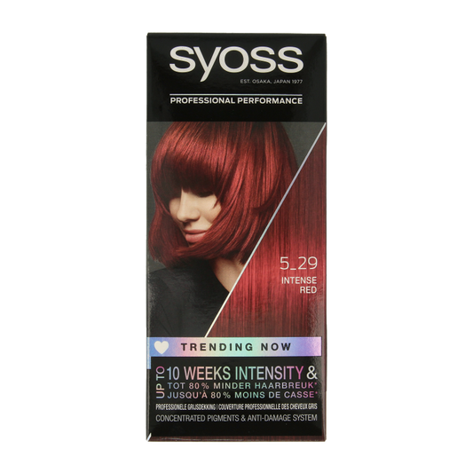 Syoss Color Baseline 5-29 intens red hair dye set with a box of hair coloring products and tools.