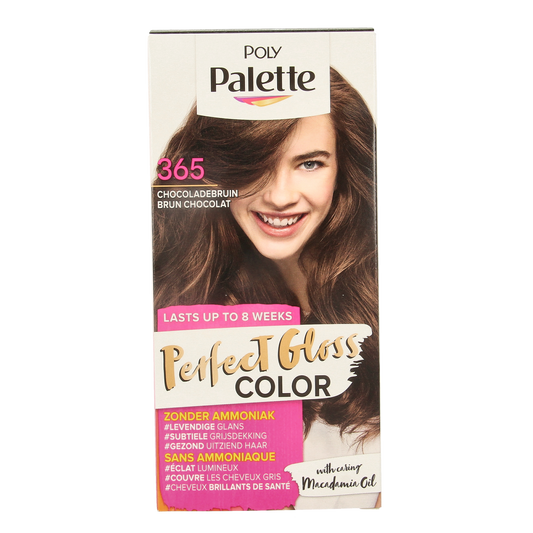 Poly Palette Haarverf 365 pure chocolade hair coloring set with a box of hair dye and color cream tube.