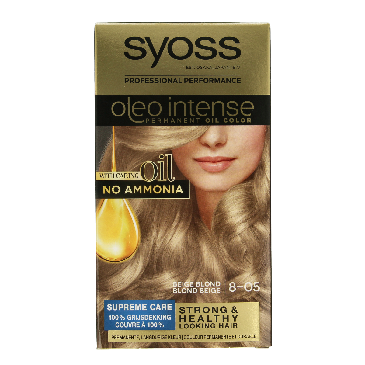 Syoss Color Oleo Intense beige blond hair dye set showing a box with hair coloring product in beige blond shade.