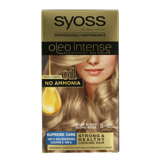 Syoss Color Oleo Intense beige blond hair dye set showing a box with hair coloring product in beige blond shade.