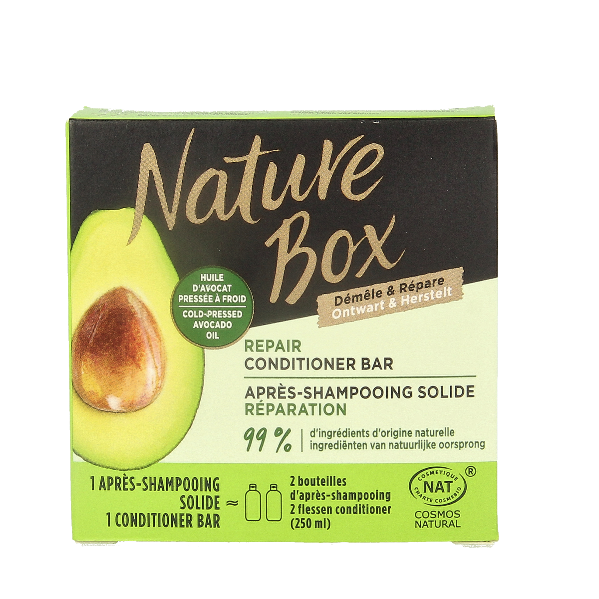 Nature Box avocado conditioner for hair care, 80g, showing the product tube with green avocado imagery.