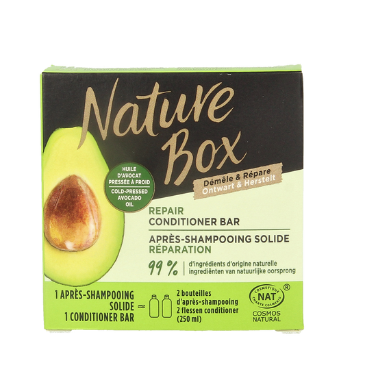Nature Box avocado conditioner for hair care, 80g, showing the product tube with green avocado imagery.