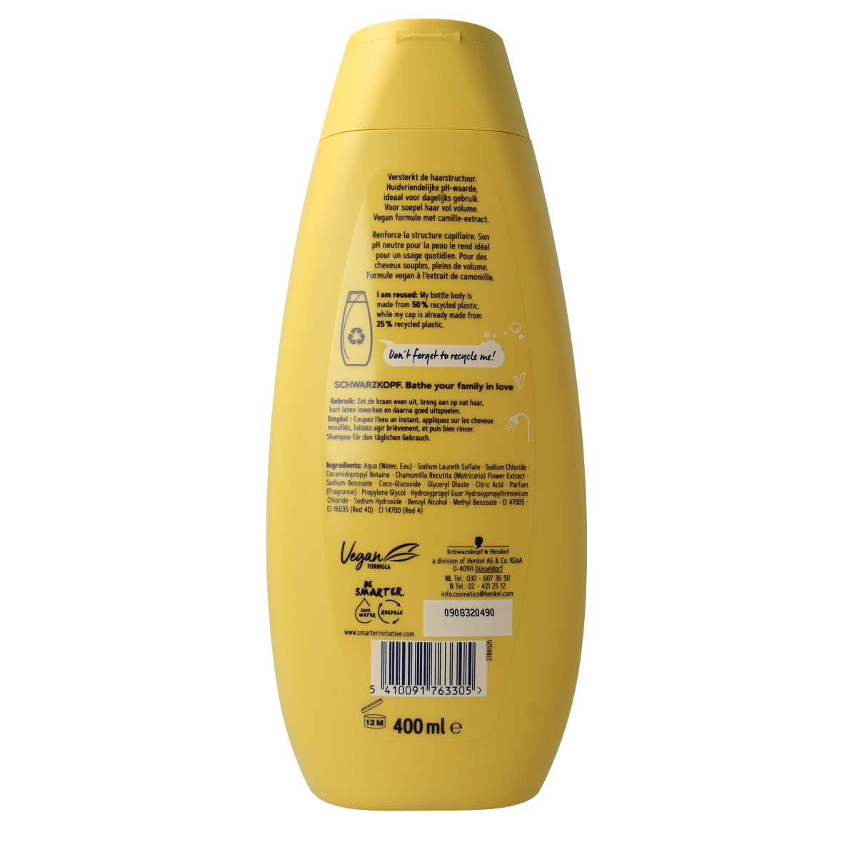 Schwarzkopf Haarverzorging shampoo elke dag, 400ml bottle, with white and blue packaging and Schwarzkopf branding visible.